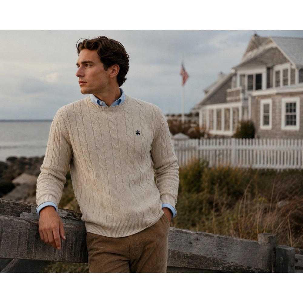 Brooks Brothers Mens Cable‎ Knit Sweater L Oatmeal Supima Cotton Pullover Midwgt